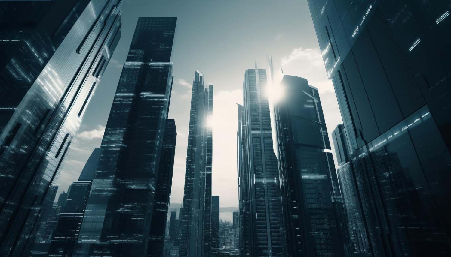 Upward view of modern buildings in sunlight
